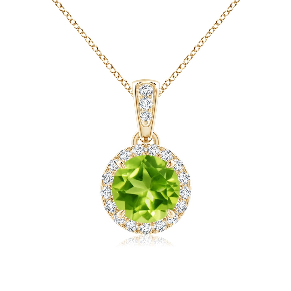 6mm AAA Claw-Set Round Peridot Pendant with Diamond Halo in Yellow Gold 