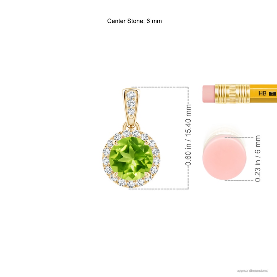 6mm AAA Claw-Set Round Peridot Pendant with Diamond Halo in Yellow Gold ruler