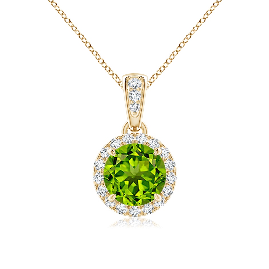 6mm AAAA Claw-Set Round Peridot Pendant with Diamond Halo in Yellow Gold 