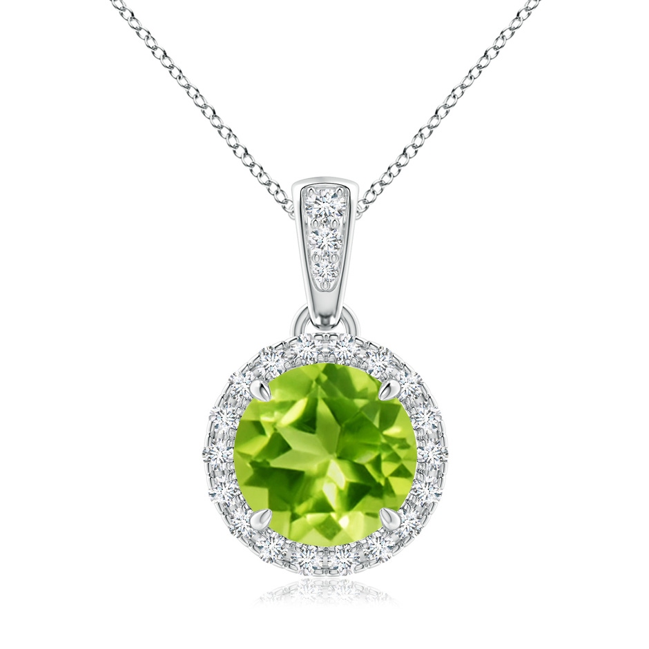 7mm AAA Claw-Set Round Peridot Pendant with Diamond Halo in White Gold 