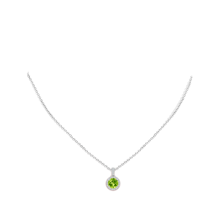7mm AAA Claw-Set Round Peridot Pendant with Diamond Halo in White Gold body-neck