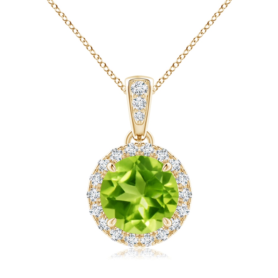 7mm AAA Claw-Set Round Peridot Pendant with Diamond Halo in Yellow Gold 