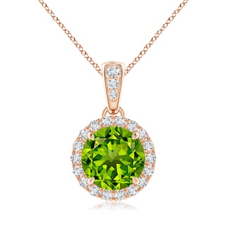 7mm AAAA Claw-Set Round Peridot Pendant with Diamond Halo in Rose Gold