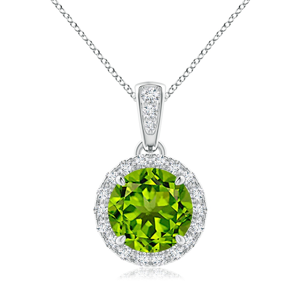 7mm AAAA Claw-Set Round Peridot Pendant with Diamond Halo in White Gold