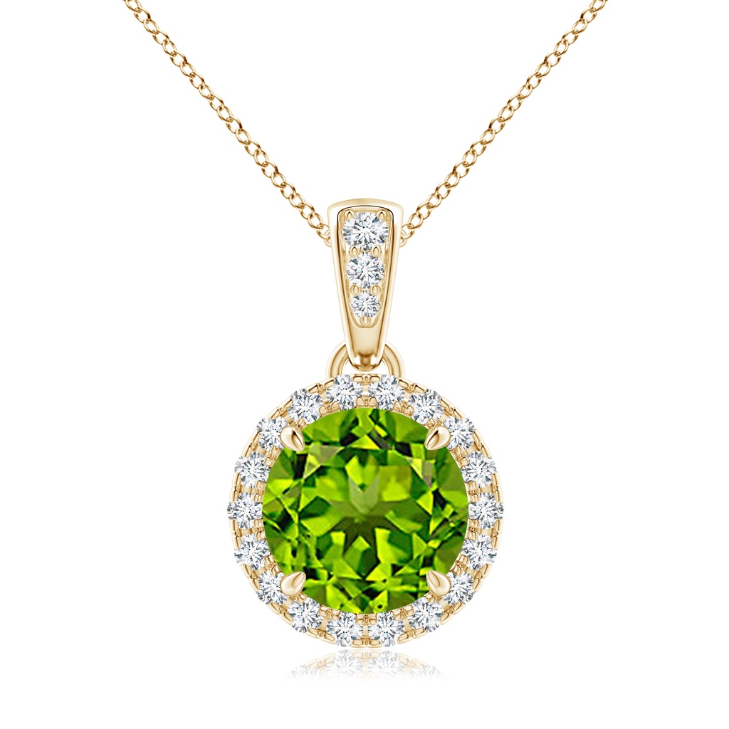 7mm AAAA Claw-Set Round Peridot Pendant with Diamond Halo in Yellow Gold