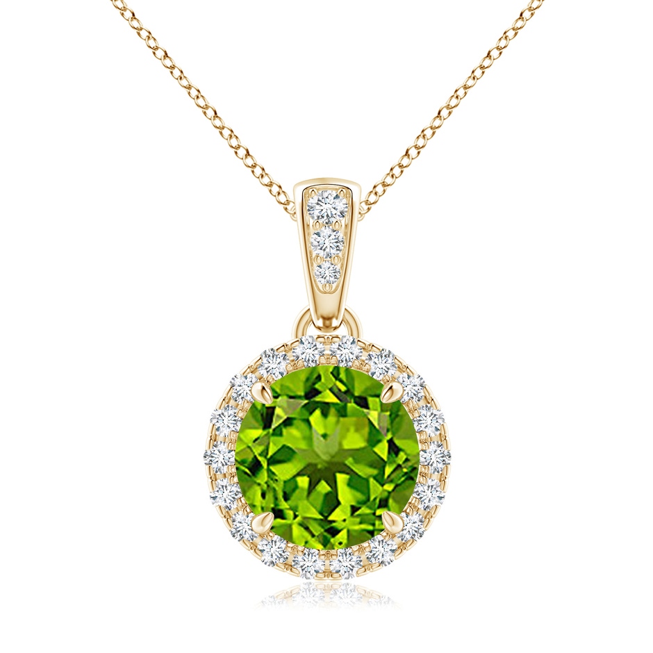 7mm AAAA Claw-Set Round Peridot Pendant with Diamond Halo in Yellow Gold 