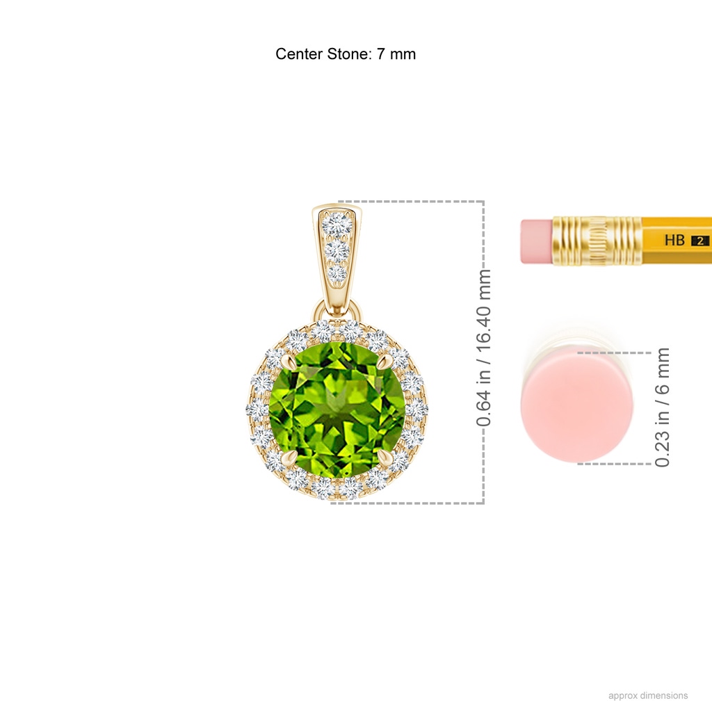 7mm AAAA Claw-Set Round Peridot Pendant with Diamond Halo in Yellow Gold Ruler
