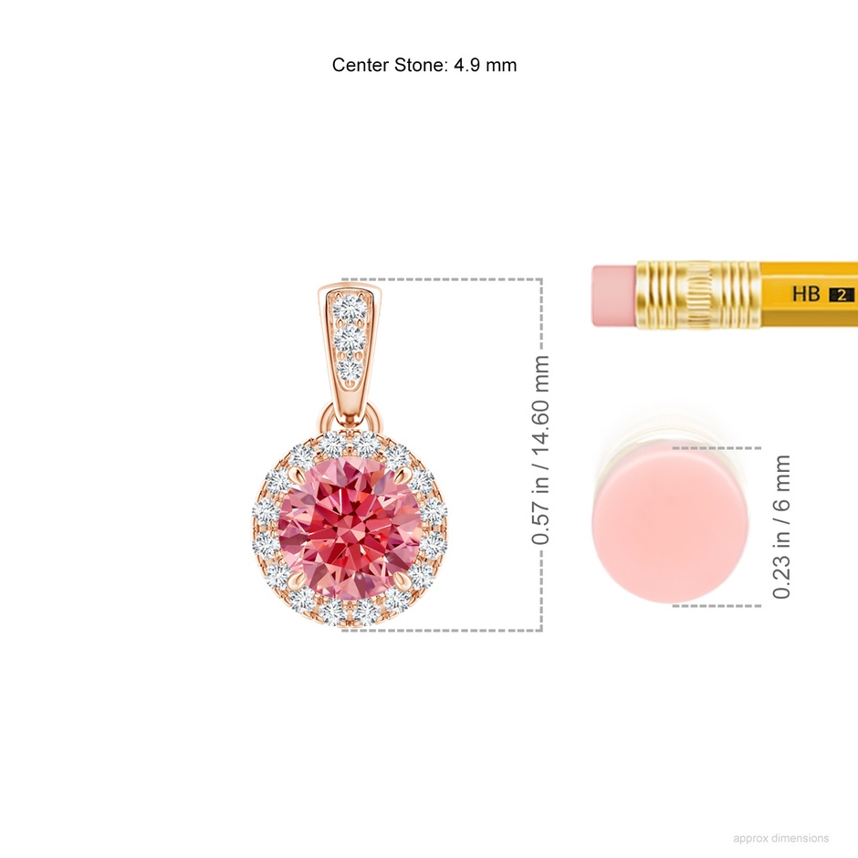 4.9mm AAAA Claw-Set Round Fancy Intense Pink Diamond Pendant with Halo in Rose Gold ruler