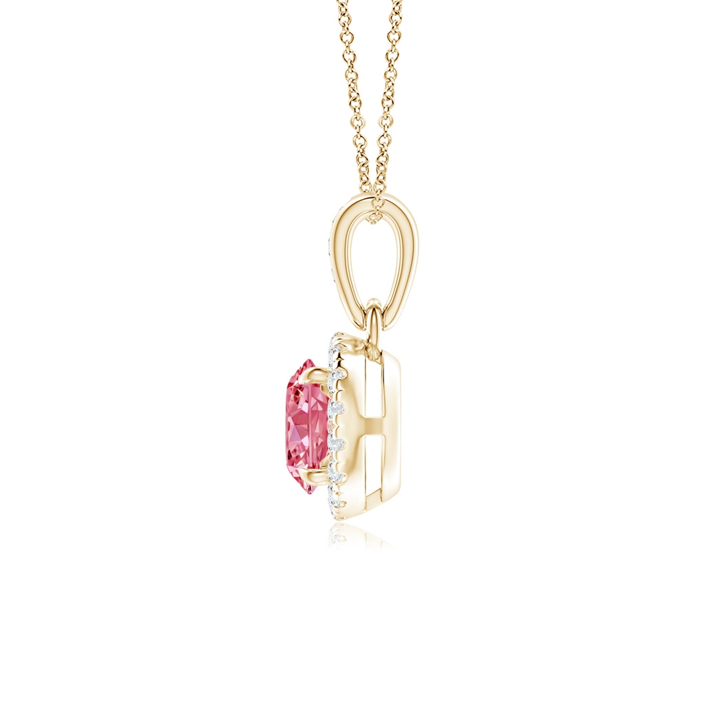4.9mm AAAA Claw-Set Round Fancy Intense Pink Diamond Pendant with Halo in Yellow Gold - side 199