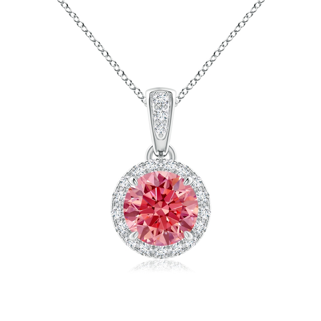 5.9mm AAAA Claw-Set Round Fancy Intense Pink Diamond Pendant with Halo in White Gold