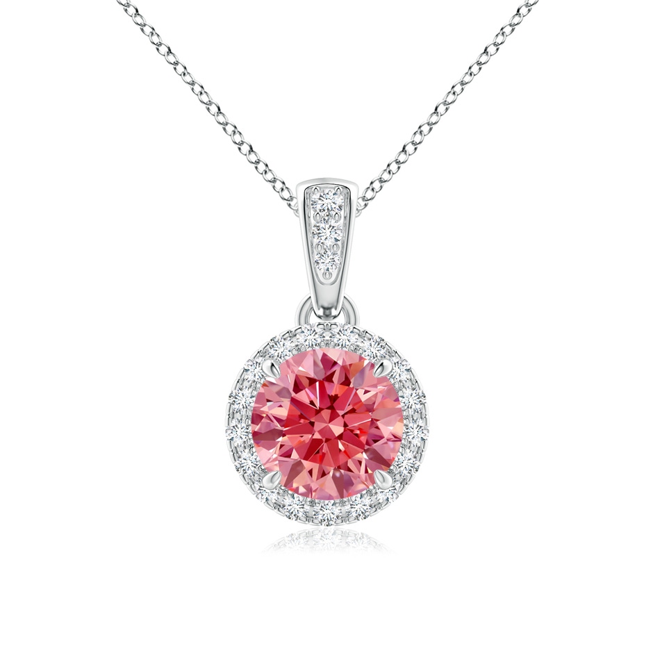 5.9mm AAAA Claw-Set Round Fancy Intense Pink Diamond Pendant with Halo in White Gold 