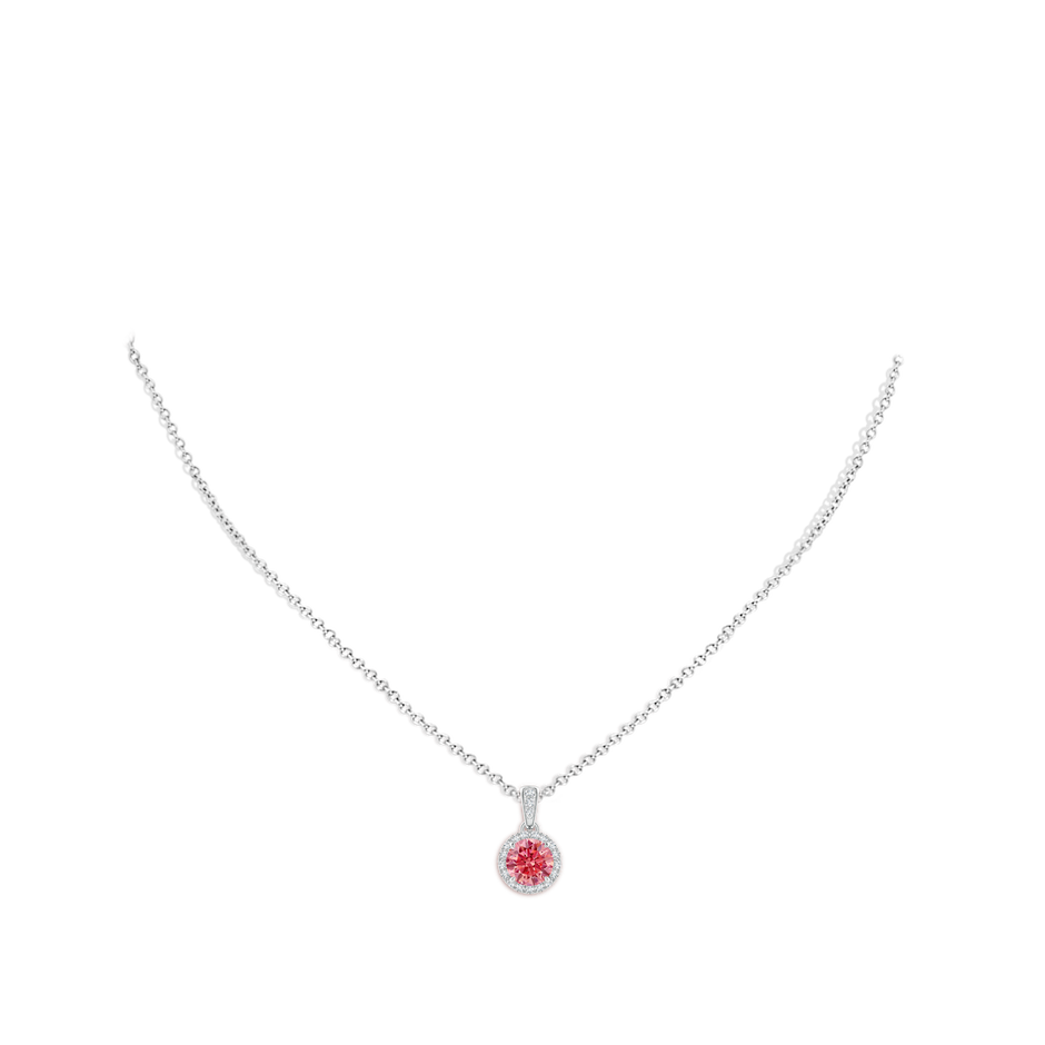 5.9mm AAAA Claw-Set Round Fancy Intense Pink Diamond Pendant with Halo in White Gold pen