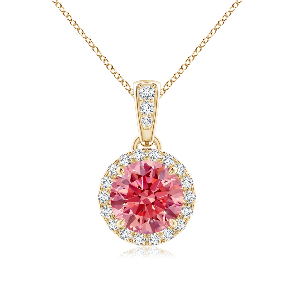 6.4mm AAAA Claw-Set Round Fancy Intense Pink Diamond Pendant with Halo in Yellow Gold 