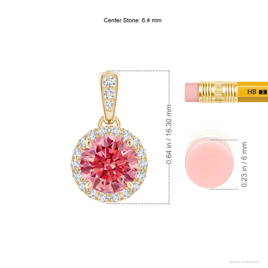 6.4mm AAAA Claw-Set Round Fancy Intense Pink Diamond Pendant with Halo in Yellow Gold ruler