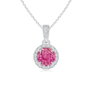 5mm AAA Claw-Set Round Pink Sapphire Pendant with Diamond Halo in White Gold