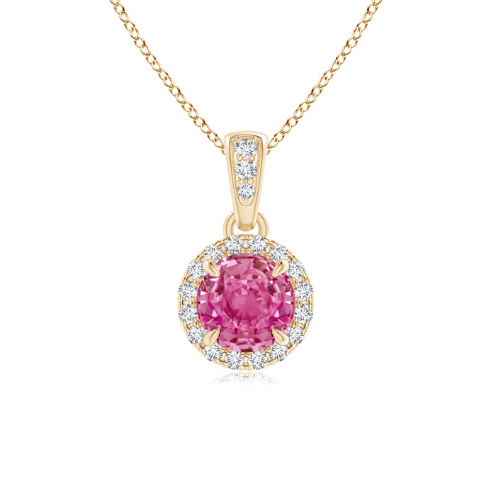 5mm AAA Claw-Set Round Pink Sapphire Pendant with Diamond Halo in Yellow Gold
