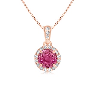 5mm AAAA Claw-Set Round Pink Sapphire Pendant with Diamond Halo in Rose Gold