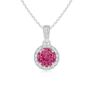 5mm AAAA Claw-Set Round Pink Sapphire Pendant with Diamond Halo in White Gold