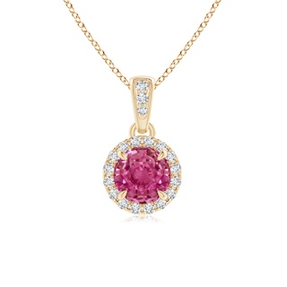 5mm AAAA Claw-Set Round Pink Sapphire Pendant with Diamond Halo in Yellow Gold