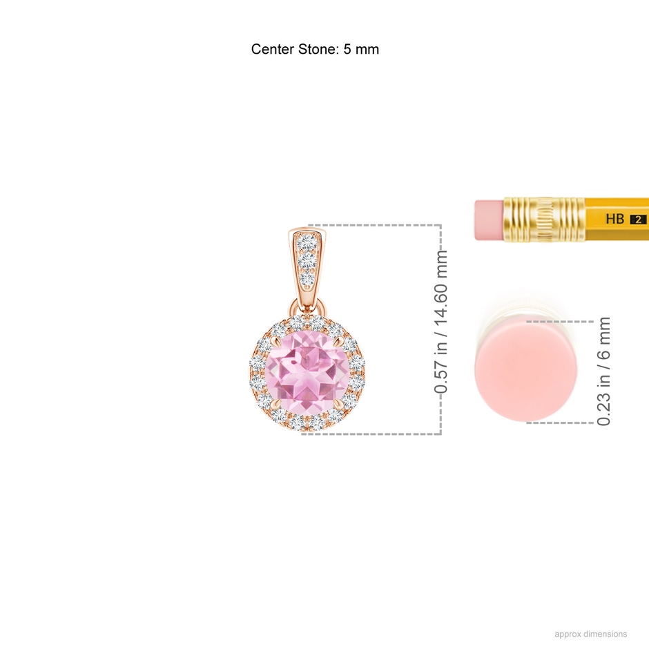 5mm A Claw-Set Round Pink Tourmaline Pendant with Diamond Halo in Rose Gold ruler