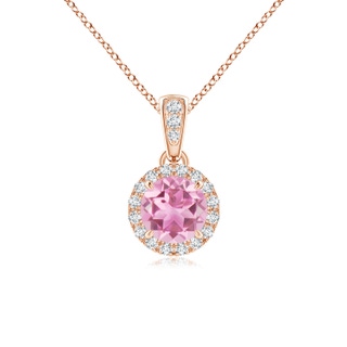 5mm AA Claw-Set Round Pink Tourmaline Pendant with Diamond Halo in 9K Rose Gold