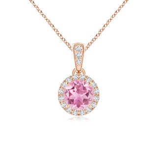 5mm AA Claw-Set Round Pink Tourmaline Pendant with Diamond Halo in Rose Gold