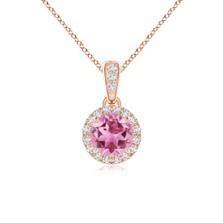5mm AAA Claw-Set Round Pink Tourmaline Pendant with Diamond Halo in Rose Gold