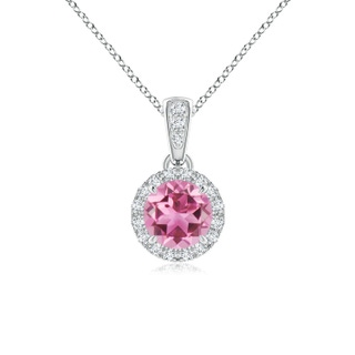 5mm AAA Claw-Set Round Pink Tourmaline Pendant with Diamond Halo in White Gold