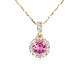 5mm AAA Claw-Set Round Pink Tourmaline Pendant with Diamond Halo in Yellow Gold