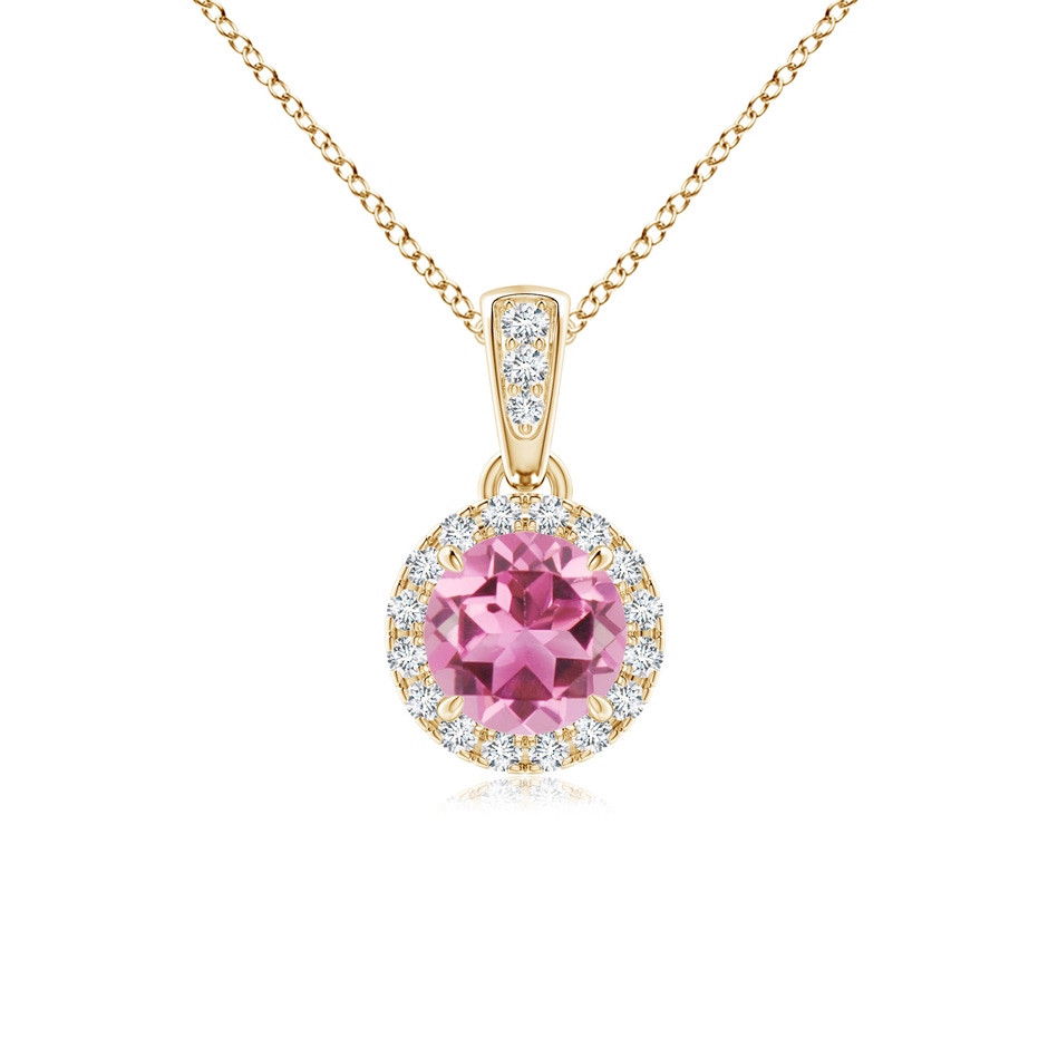 5mm AAA Claw-Set Round Pink Tourmaline Pendant with Diamond Halo in Yellow Gold 