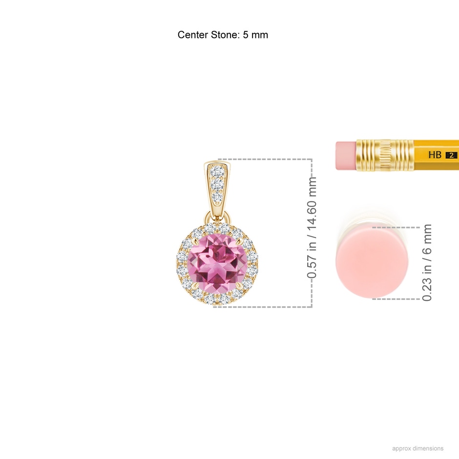 5mm AAA Claw-Set Round Pink Tourmaline Pendant with Diamond Halo in Yellow Gold ruler