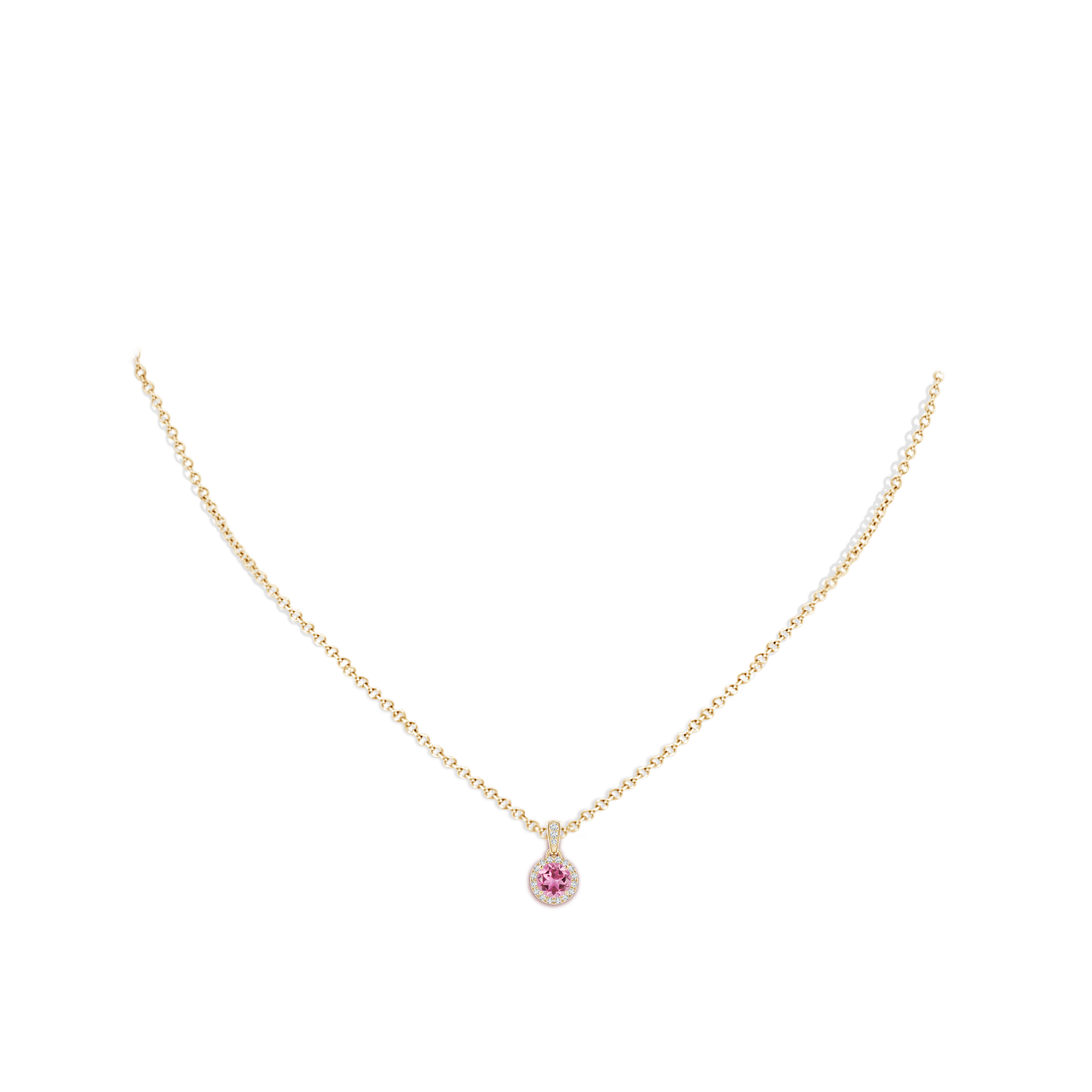 5mm AAA Claw-Set Round Pink Tourmaline Pendant with Diamond Halo in Yellow Gold - body_neck