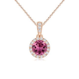 5mm AAAA Claw-Set Round Pink Tourmaline Pendant with Diamond Halo in 9K Rose Gold