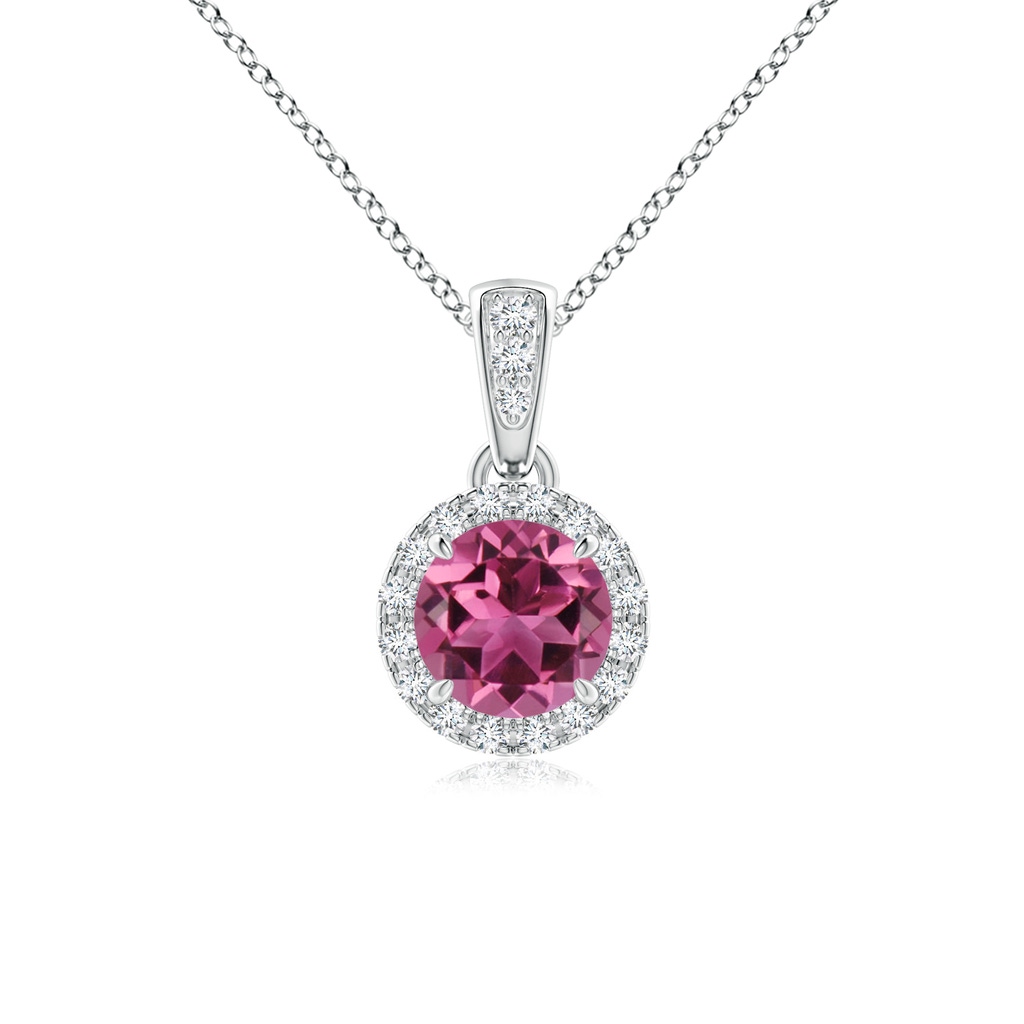 5mm AAAA Claw-Set Round Pink Tourmaline Pendant with Diamond Halo in White Gold