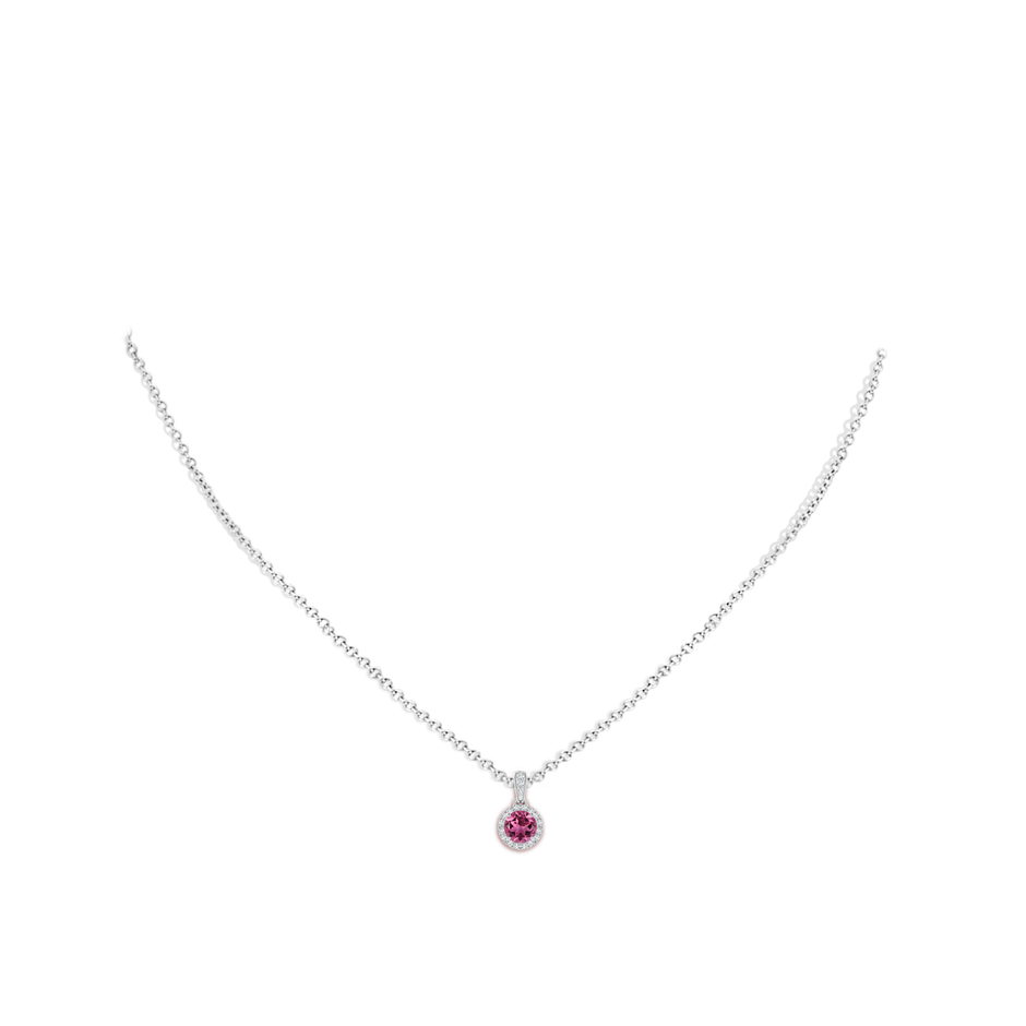5mm AAAA Claw-Set Round Pink Tourmaline Pendant with Diamond Halo in White Gold body-neck