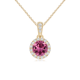 5mm AAAA Claw-Set Round Pink Tourmaline Pendant with Diamond Halo in Yellow Gold