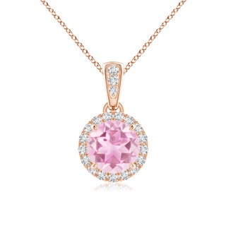 6mm A Claw-Set Round Pink Tourmaline Pendant with Diamond Halo in Rose Gold