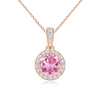 6mm AA Claw-Set Round Pink Tourmaline Pendant with Diamond Halo in Rose Gold