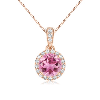 6mm AAA Claw-Set Round Pink Tourmaline Pendant with Diamond Halo in Rose Gold