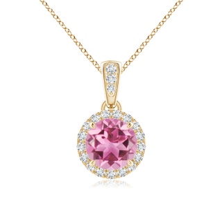 6mm AAA Claw-Set Round Pink Tourmaline Pendant with Diamond Halo in Yellow Gold