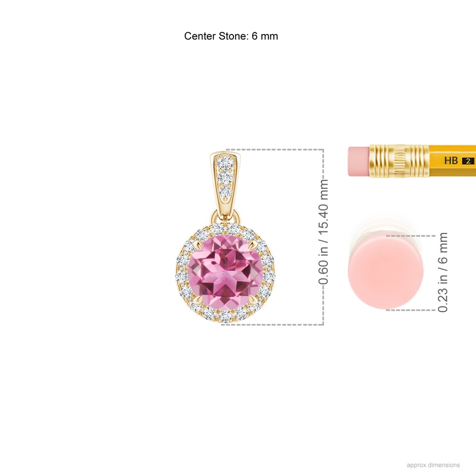 6mm AAA Claw-Set Round Pink Tourmaline Pendant with Diamond Halo in Yellow Gold ruler