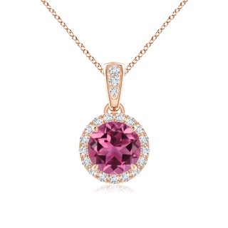 6mm AAAA Claw-Set Round Pink Tourmaline Pendant with Diamond Halo in Rose Gold