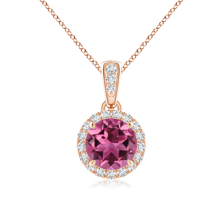 6mm AAAA Claw-Set Round Pink Tourmaline Pendant with Diamond Halo in Rose Gold 