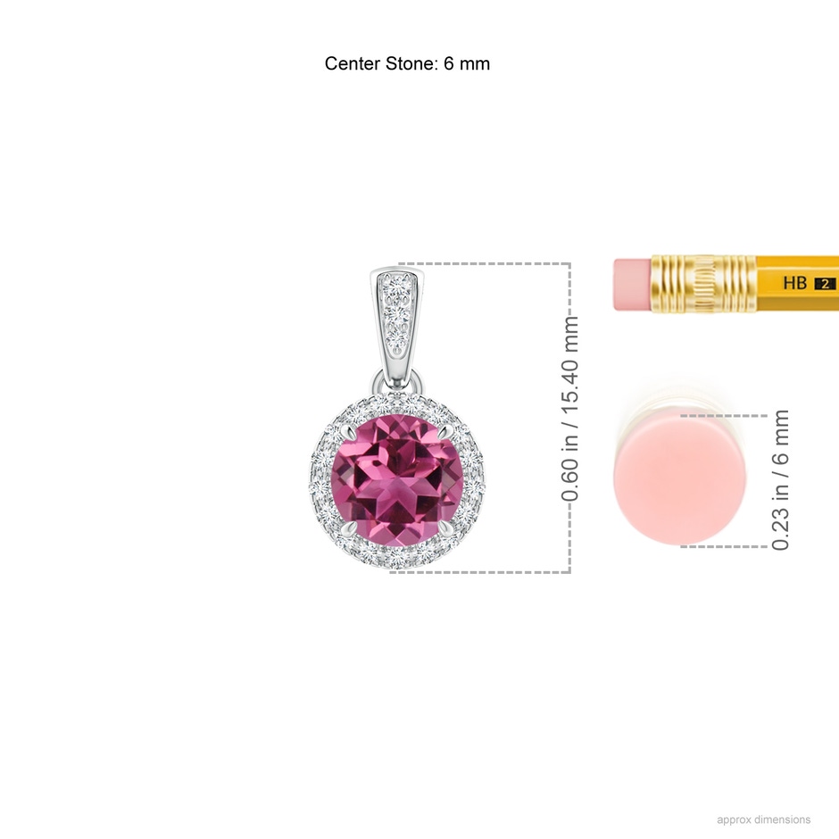 6mm AAAA Claw-Set Round Pink Tourmaline Pendant with Diamond Halo in White Gold ruler