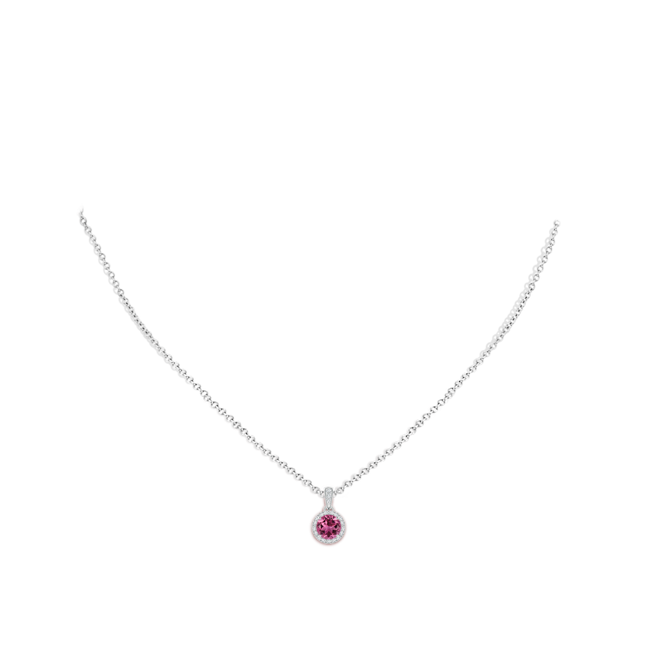 6mm AAAA Claw-Set Round Pink Tourmaline Pendant with Diamond Halo in White Gold body-neck