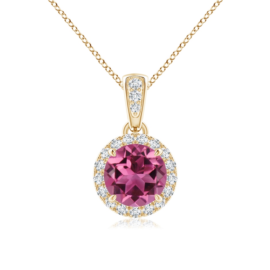 6mm AAAA Claw-Set Round Pink Tourmaline Pendant with Diamond Halo in Yellow Gold 