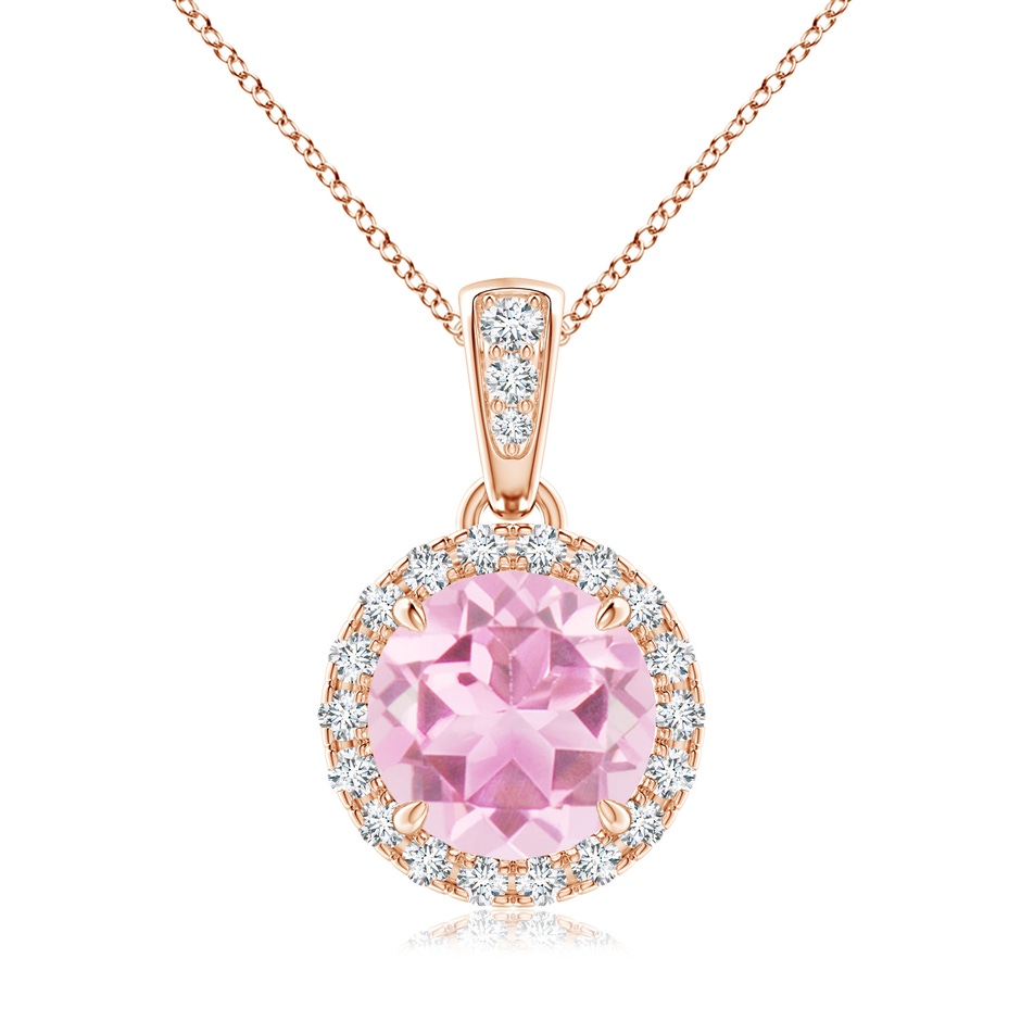 7mm A Claw-Set Round Pink Tourmaline Pendant with Diamond Halo in Rose Gold 
