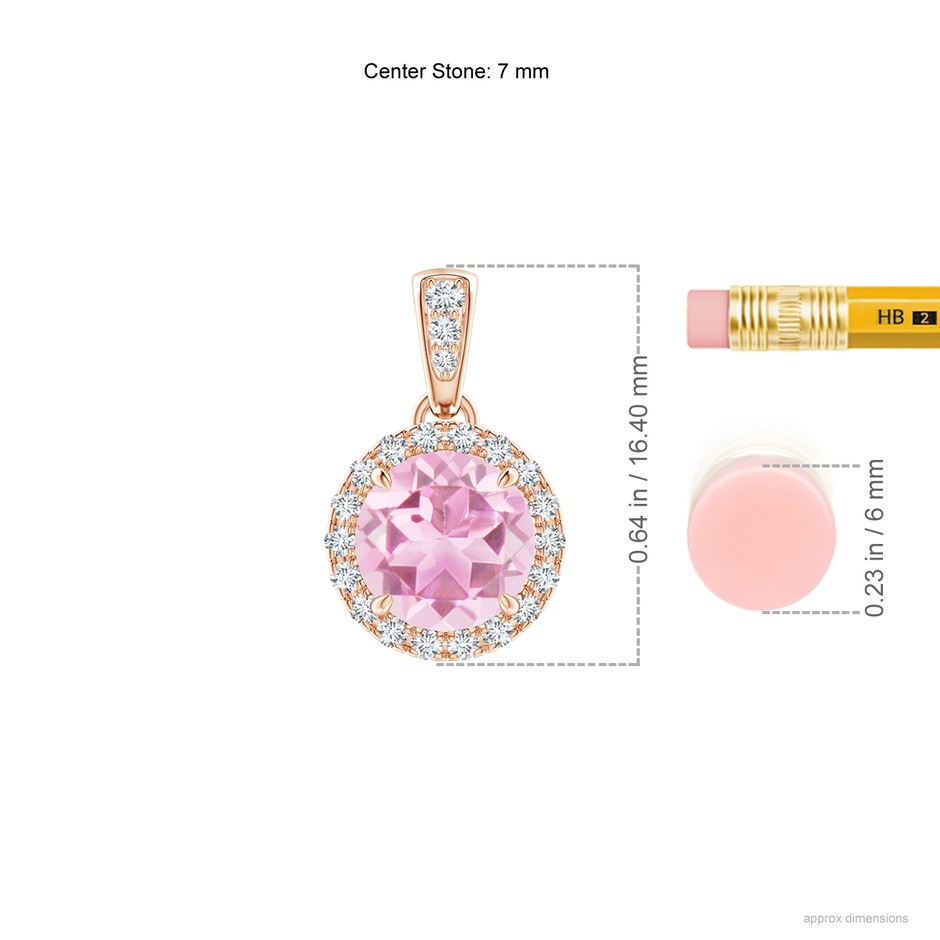 7mm A Claw-Set Round Pink Tourmaline Pendant with Diamond Halo in Rose Gold ruler