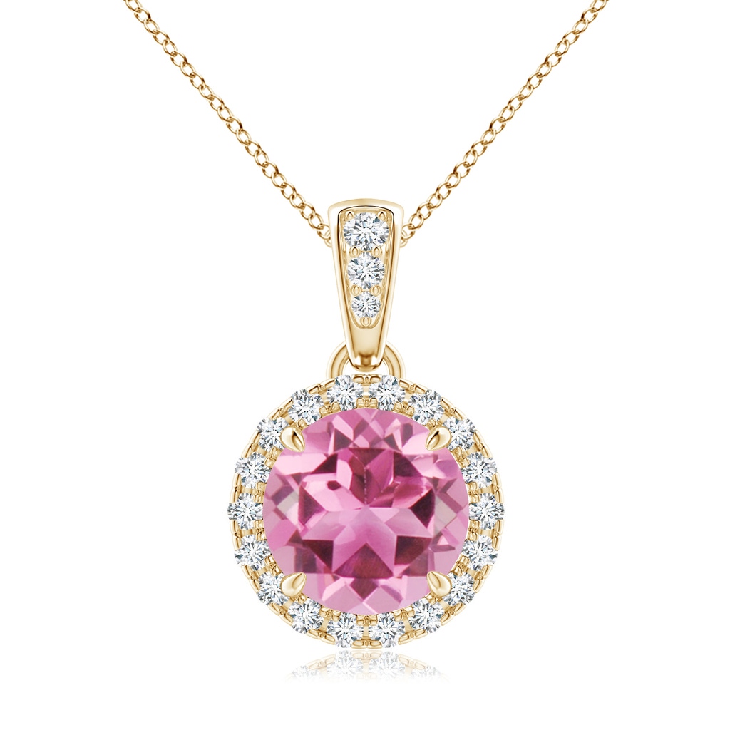 7mm AAA Claw-Set Round Pink Tourmaline Pendant with Diamond Halo in Yellow Gold