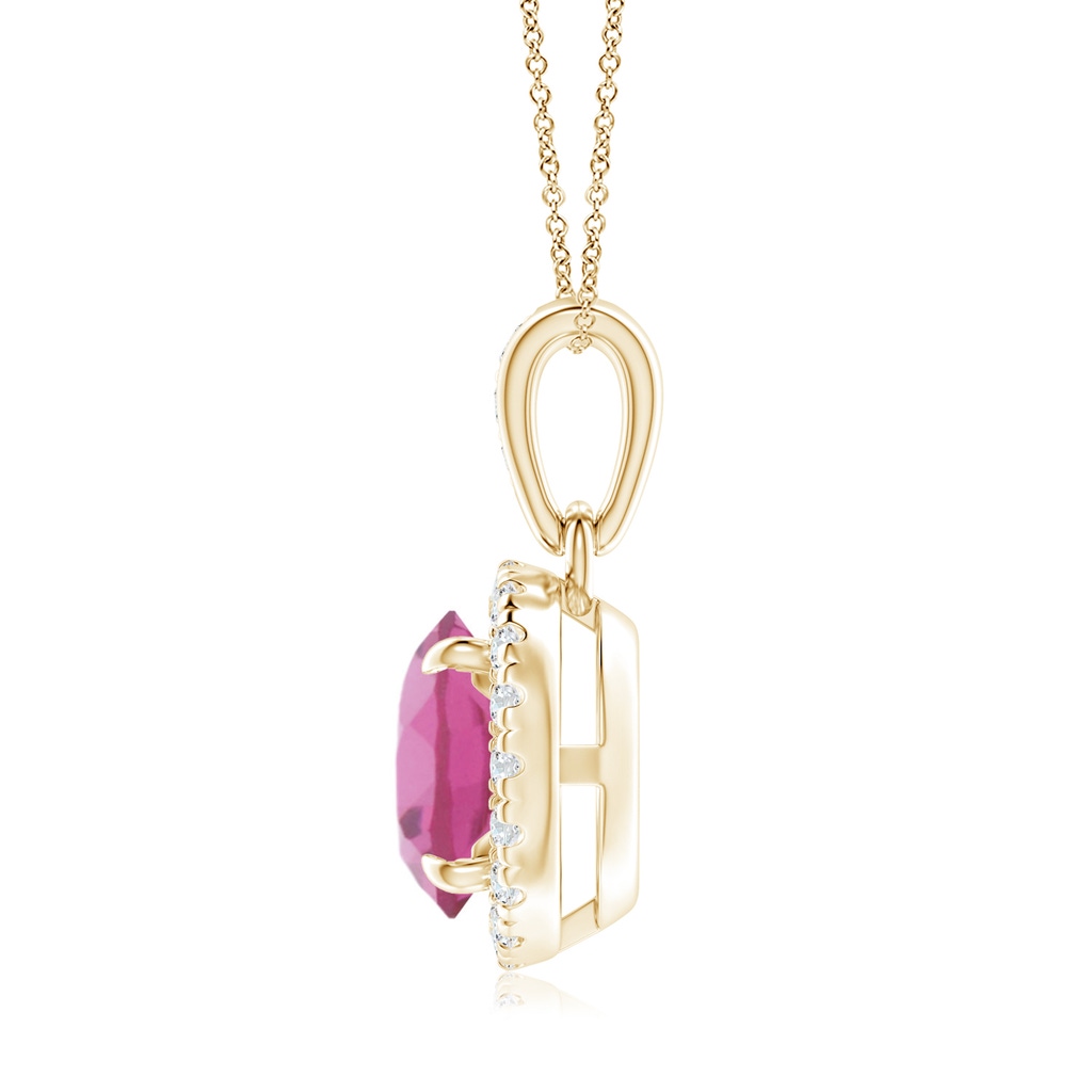 7mm AAA Claw-Set Round Pink Tourmaline Pendant with Diamond Halo in Yellow Gold Side-1
